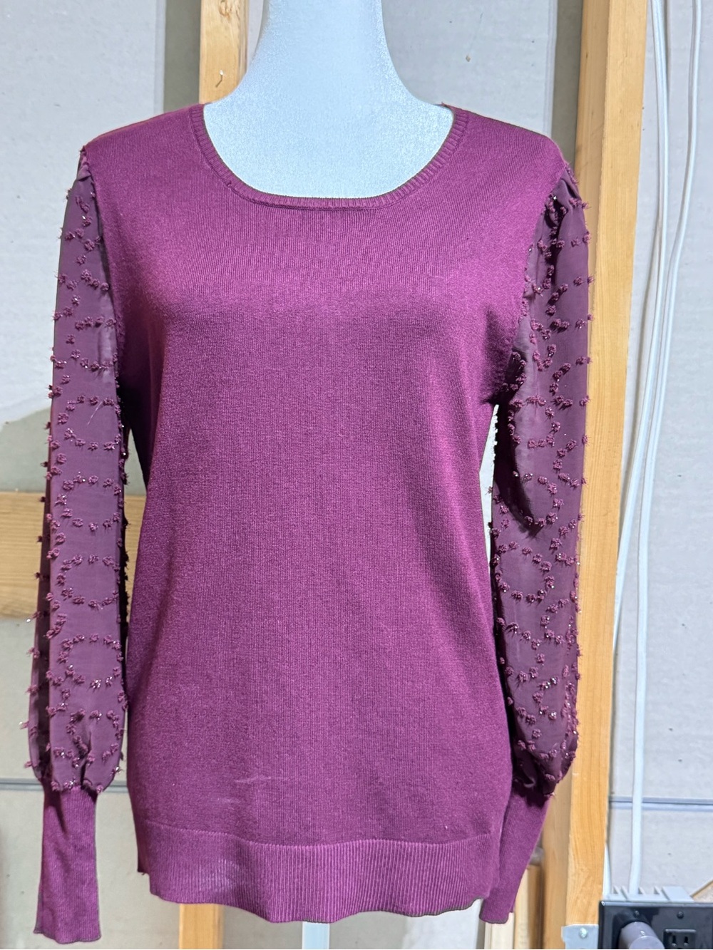 Cato Burgundy Shear Sleeve Scoop Neck Sweater